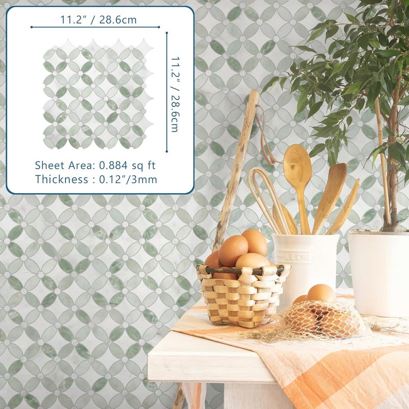 sunwings 10-Sheet Peel and Stick Backsplash Coin Waterjet Tile, 11.2" x 11.2" Green Marble Looks Self Adhesive Wall Tile Stick on Backsplash for Kitchen, Bathroom, Fireplace, Shower - Image 2
